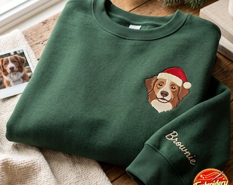 Custom Embroidered Pet Portrait with Santa Hat Sweatshirt, Personalized Gift