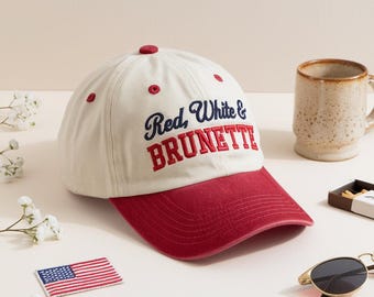 Embroidered Red White Brunette Trucker Cap, Fourth of July Hat