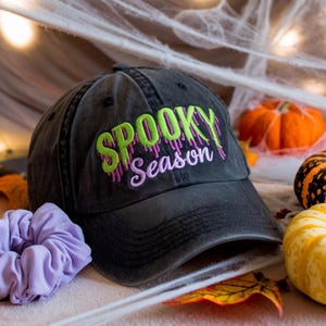 Embroidered Halloween Washed Hat – Ghost & Pumpkin Cotton Cap | Spooky Season Snapback | Fun Halloween Gift for Her , Him