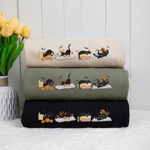 Halloween Black Cat Embroidered Sweatshirt, Cat Pumpkin Book Embroidery Shirt, Happy Haunting, Autumn Spooky Season, Bat Tee, Cat Lover Gift