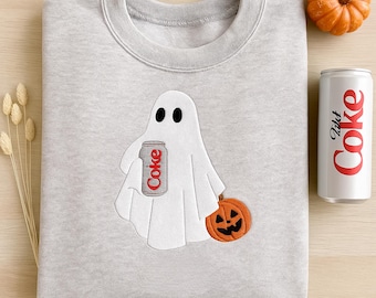 Bluza z haftowanym duchem na Halloween z Coca-Colą Light, zabawny sweter jesienny