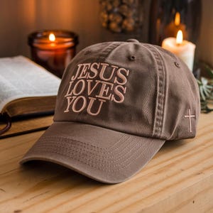 May include: A brown baseball cap featuring the embroidered phrase "JESUS LOVES YOU" in a lighter brown. A small cross is embroidered on the side. The cap is made of a soft fabric and has a curved peak.