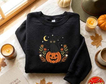 Embroidered Black Cat on Pumpkin Sweatshirt, Vintage Halloween Graphic Tee, Retro Pumpkin Sweatshirt, Black Stamp Flowers, Gift for Cat Mom