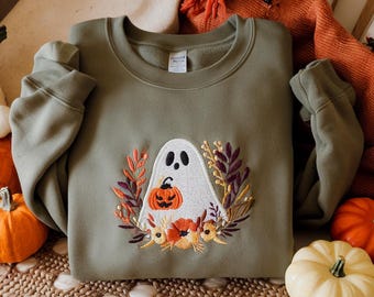 Embroidered Halloween Ghost Sweatshirt: Spooky Fall Wildflower Design