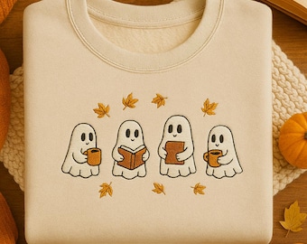 Embroidered Ghost Sweatshirt, Reading Books, Autumn Halloween Sweater