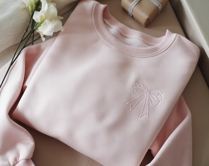 Embroidered Bow Sweatshirt, Coquette Crewneck, Trendy Pink Ribbon