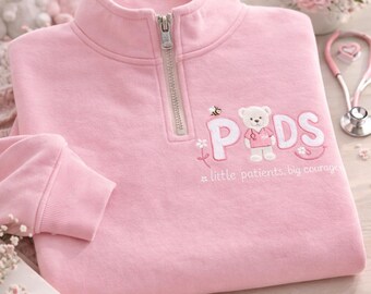 Embroidered Gingham Bear Pediatric Nurse Quarter Zip Sweatshirt, Cartoon RN Outfit