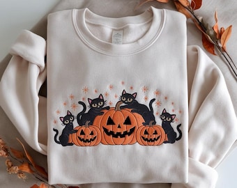 Embroidered Halloween Sweatshirt, Black Cat Pumpkin Crewneck, Fall Spooky Season