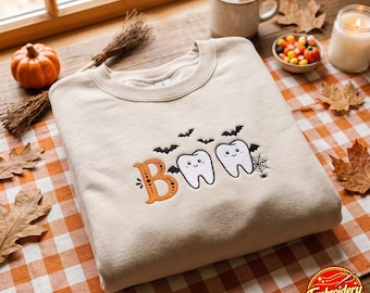 Embroidered Spooky Dental Sweatshirt, Boo Halloween Sweet Tooth, Dentist Gift Trick or Teeth, Dentistry Assistant or Hygienist Orthodontist