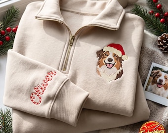 Custom Pet Portrait With Santa Hat Embroidered Quarter Zip Sweatshirt, Personalized Cat or Dog Shirt