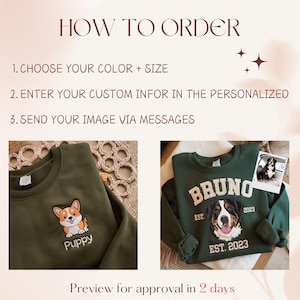 May include: Two green sweatshirts with embroidered designs. One sweatshirt has a dog with the text "Puppy" and the other has a dog with the text "BRUNO EST. 2023".