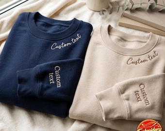 Embroidered Custom Text on Neck And Sleeve Sweatshirt, Vintage Font Letters, Custom Text Shirt