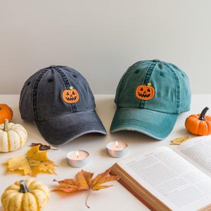 Pumpkin Embroidered Washed Hat – Halloween Wash Cap, Baseball Cap, Spooky Cute Fall Hat, Funny Halloween Gift Idea