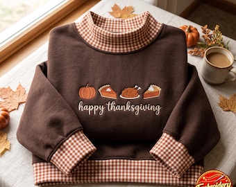 Bluza z haftowanym wzorem w kratkę gingham z napisem „Szczęśliwego Święta Dziękczynienia”, koszula z motywem dyni, bluza z motywem jesiennego Święta Dziękczynienia, urocza koszulka z indykiem