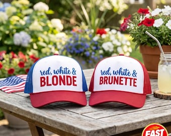 Red White & Blonde Hat, Red White And Brunette Embroidered Mesh Trucker Hat, Patriotic Hat, 4Th Of July Hat, America Hat Trendy Hat
