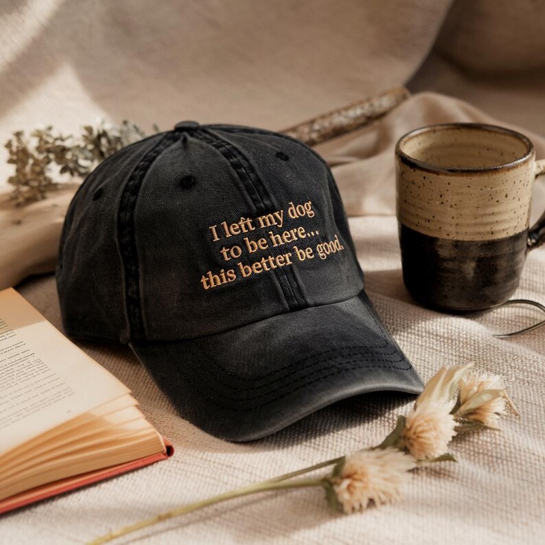 May include: A black baseball cap with a distressed look and an embroidered message: "I left my dog to be here... this better be good."