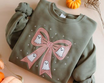 Embroidered Ghost Bow Sweatshirt, Halloween Coquette Shirt