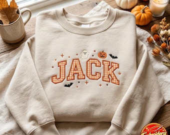 Embroidered Gingham Personalized Halloween Sweatshirt, Applique Custom Name Sweatshirt, Spooky Season Shirt, Funny Ghost Tee, Preppy Shirt