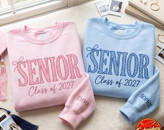 Embroidered Personalized Senior 2027 Appliqué Sweatshirt, Polka Dots Class of 2027 Crewneck, Custom Name Sleeve Graduation Gift