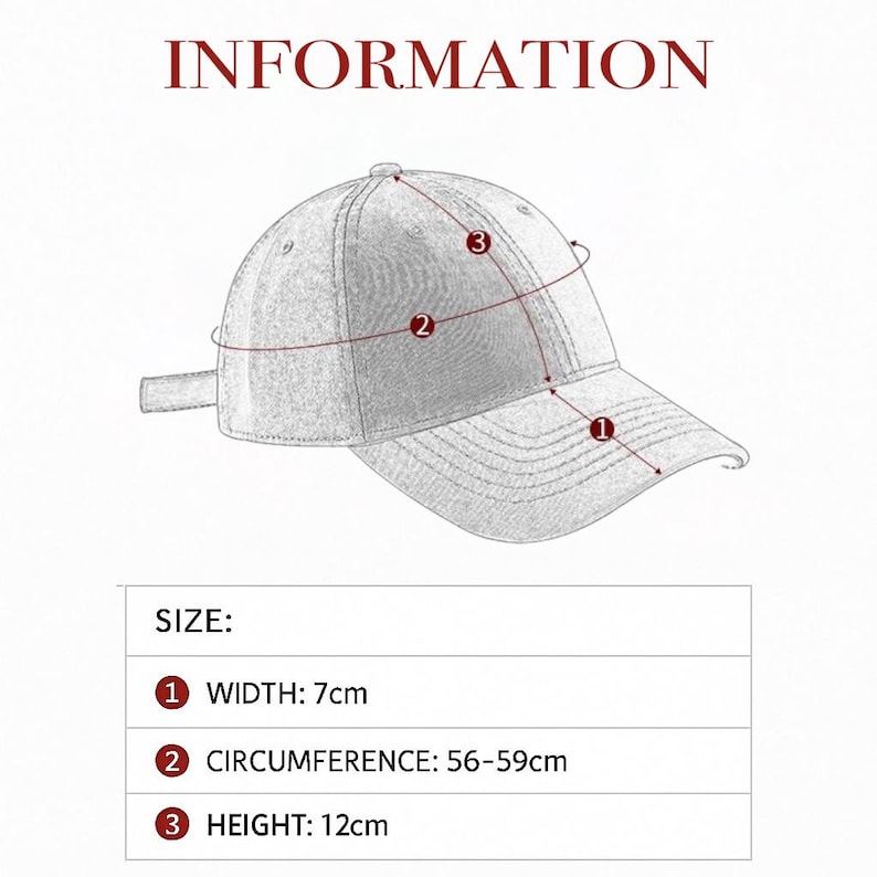May include: An illustrated baseball cap with size details. The width is 7cm, the circumference is 56-59cm, and the height is 12cm. The image includes the word "INFORMATION" at the top and "SIZE:" below the cap.