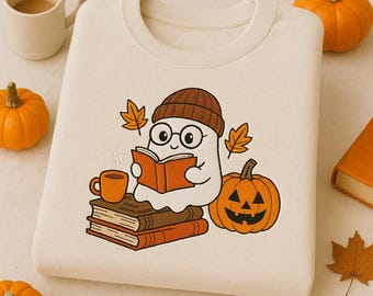 Embroidered Ghost Reading Sweatshirt, Halloween Fall Crew