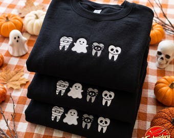 Embroidered Halloween Dental Sweatshirt, Tooth Hoodie, Dentist Gift For Her, Spooky Teeth Shirt, Dental Assistant Apparel, Cute Teeth