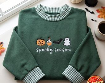 Bluza z golfem i haftowanymi ikonami Halloween w kratkę gingham, jesienny top na upiorny sezon