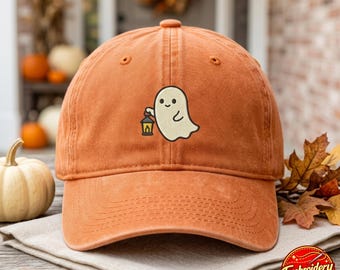 Embroidered Ghost Halloween Washed Hat, Cute Matching Cap for Halloween, Goose Halloween Cap, Cozy Spooky Season Cap