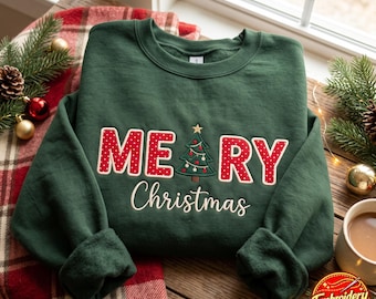 Embroidered Merry Christmas Applique Sweatshirt, Polka Dots Embroidered Holiday Pullover, Cozy Winter Gift