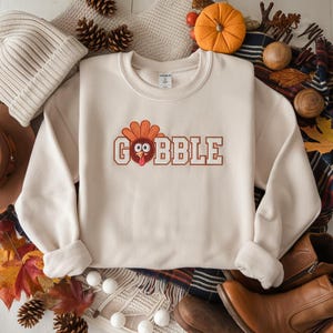 Embroidered Gobble Turkey Sweatshirt, Thanksgiving Crewneck