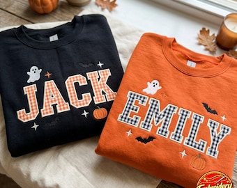 Embroidered Halloween Sweatshirt: Gingham Name, Ghost, Bat Accents, Applique Custom Name Sweatshirt, Gingham Personalized Halloween Shirt