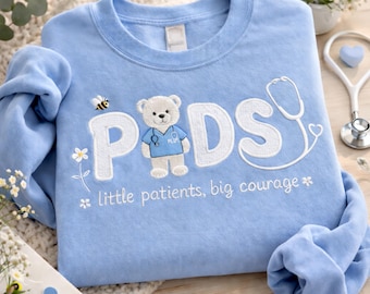 Embroidered Gingham Bear Pediatric Nurse Sweatshirt, Peds RN Crewneck, Cartoon Nurse Shirt