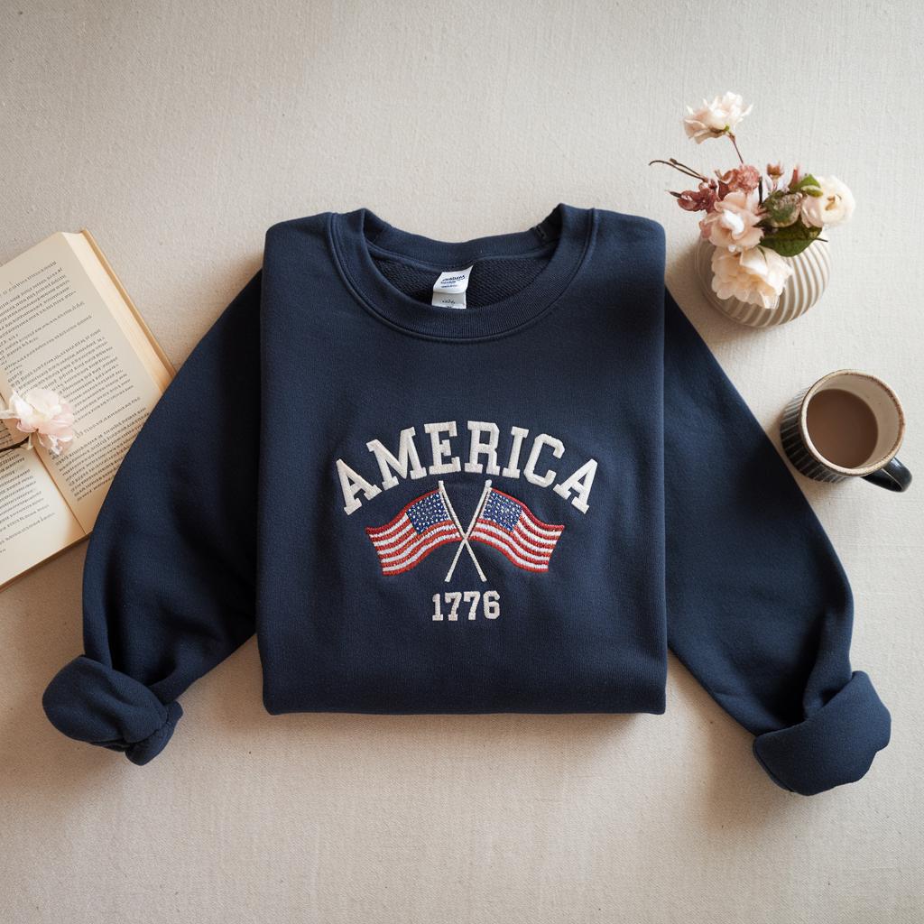 Embroidered America Flags Crewneck Sweatshirt, Embroidered USA Shirt, July 4th, Independence Red White Blue United States American, Election