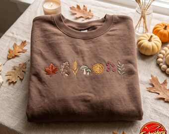 Embroidered Fall Leaves Sweatshirt, Autumn Nature Crewneck, Cozy Season Apparel