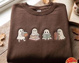 Bluza z haftem na półce na książki na Halloween, koszulka do czytania, prezent dla miłośnika książek, koszulka z nadrukiem "Czytnik duchów", literatura, bluza "Boo"