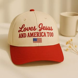 May include: A baseball cap with a cream-coloured crown and a red brim. The cap features the embroidered text "Loves Jesus AND AMERICA TOO" in red, along with a small American flag. The cap has a red button on top.