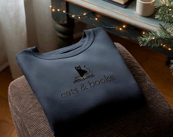 Embroidered Cats and Books Sweatshirt, Bookish Cat Lover Gift