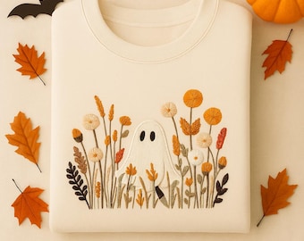 Embroidered Halloween Ghost Sweatshirt, Wildflower Floral Tee