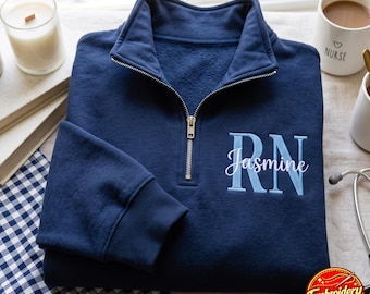 Custom Monogram Registered Nurse Embroidered Quarter Zip Sweatshirt, Gift for Nursing Grad, Personalized Name Registered Nurse
