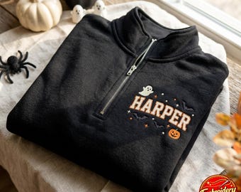 Embroidered Personalized Halloween Quarter Zip Sweatshirt, Custom Name Shirt, Spooky Season Shirt, Pumpkin T-Shirt, Ghost Tee, Preppy Shirt
