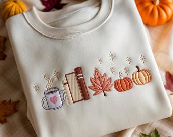 Embroidered Book Lover Sweatshirt, Fall Pumpkin Coffee Design