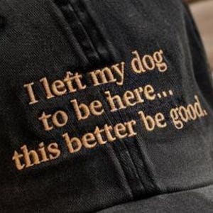 May include: Black baseball cap with the text "I left my dog to be here... this better be good." embroidered in gold thread.