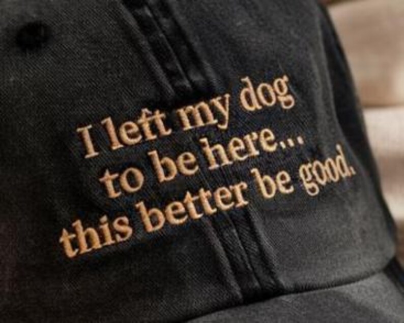 May include: Black baseball cap with the text "I left my dog to be here... this better be good." embroidered in gold thread.