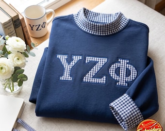 Bluza z okrągłym dekoltem i haftem w kratkę grecką z greckimi literami, aplikacja z kratką stowarzyszeń studenckich, sweter uniwersytecki na zamówienie