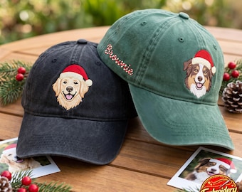 Custom Embroidered Pet Photo With Santa Hat Washed Hat, Personalized Dog/Cat Cap