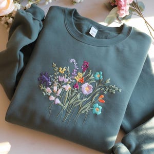 Floral Embroidered Sweatshirt: Wildflower Bouquet, Cottagecore Style
