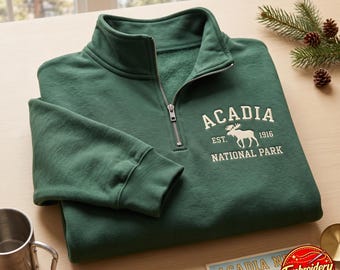 Bluza z haftowanym motywem Parku Narodowego Acadia, zapinana na zamek błyskawiczny, bluza z haftowanym motywem stanu Maine, prezent dla miłośników przyrody i poszukiwaczy przygód