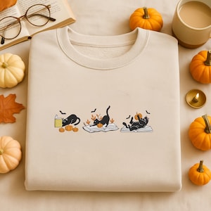 Halloween Black Cat Embroidered Sweatshirt, Cat Pumpkin Book Embroidery Shirt, Happy Haunting, Autumn Spooky Season, Bat Tee, Cat Lover Gift