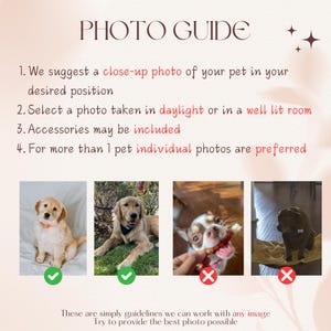 May include: Photo guide for pet portraits.  Four images show examples of good and bad photos.  The guide suggests taking close-up photos of pets in daylight or a well-lit room.  It also recommends taking individual photos for multiple pets.  The text reads: "PHOTO GUIDE 1. We suggest a close-up photo of your pet in your desired position 2. Select a photo taken in daylight or in a well lit room 3. Accessories may be included 4. For more than 1 pet individual photos are preferred"