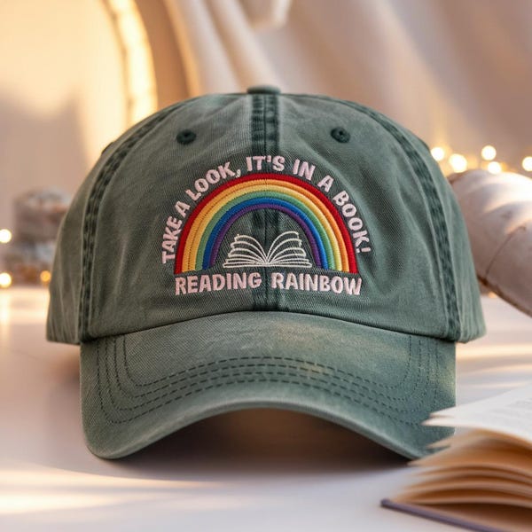 Embroidered Reading Rainbow Washed Hat, Book Lover Gift